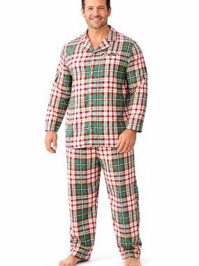 NWT LT mens plaid cotton pajamas. Red white green pjs. Elastic waist. Loungewear